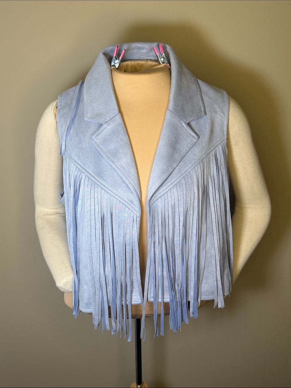 Saints & Hearts Light Blue Western Suede Fringe Cowgirl Vest Large